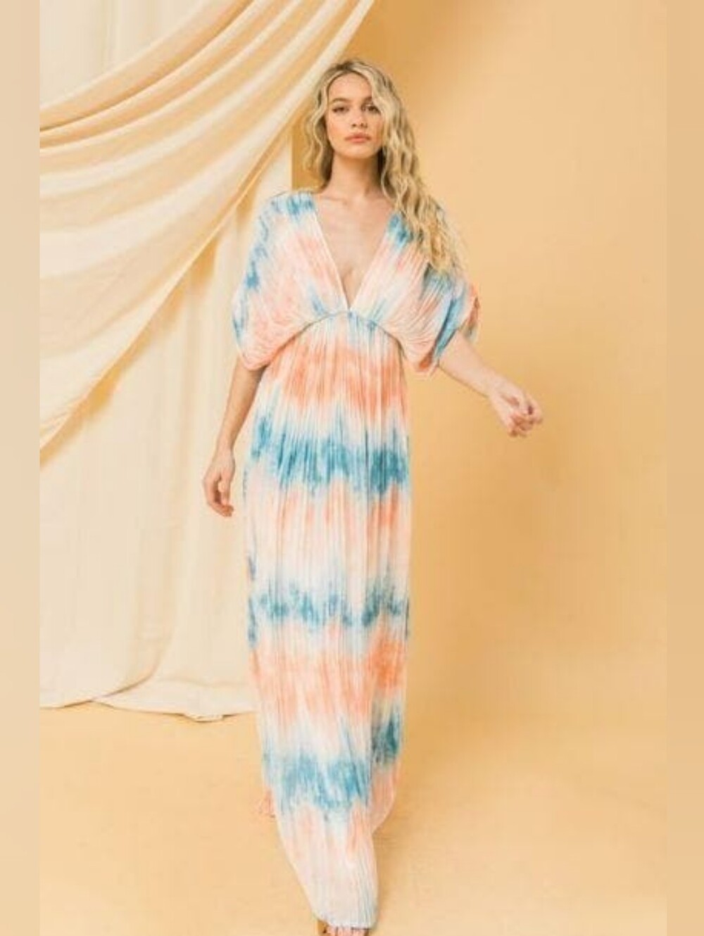 Flying Tomato Pleated Chiffon Watercolor Deep V-Neck Kaftan Kimono Sleeve Dress